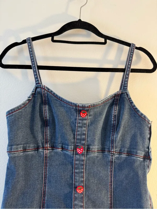 Denim Mini Dress with Red Heart Buttons Blue Size M - Image 3