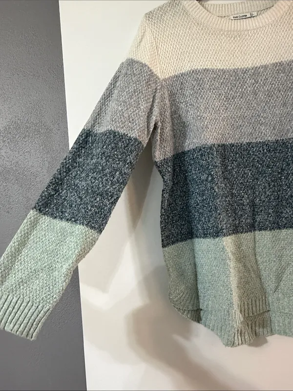 Pink Clover Striped Crewneck Sweater in Cream, Gray & Mint - Image 3