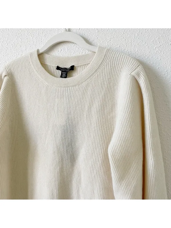 Saks Fifth Avenue 100% Cashmere Balloon Sleeve Sweater Snow Size Medium Neutral - Image 3