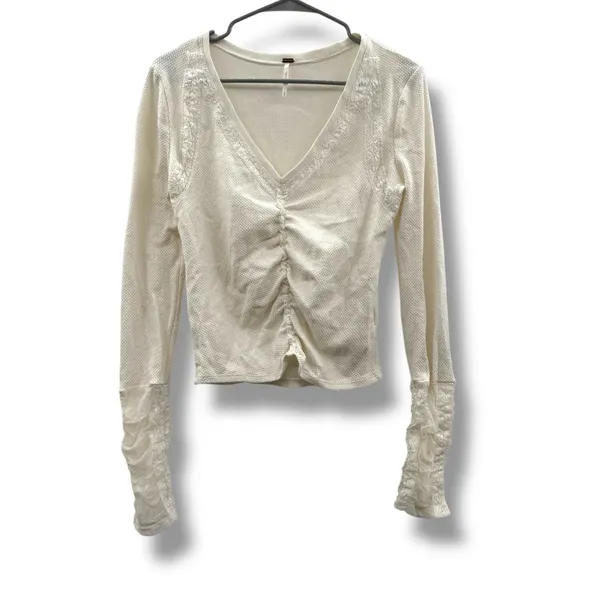 Free People Wear Me Out Thermal Mesh Long Sleeve Ruched Top‎ in White Sz M - Image 3