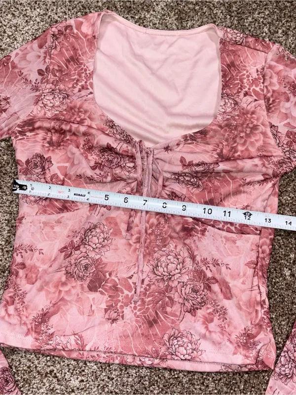 Y2K Pink Floral Mesh Long Sleeve Top Medium M tie Crop - Image 3
