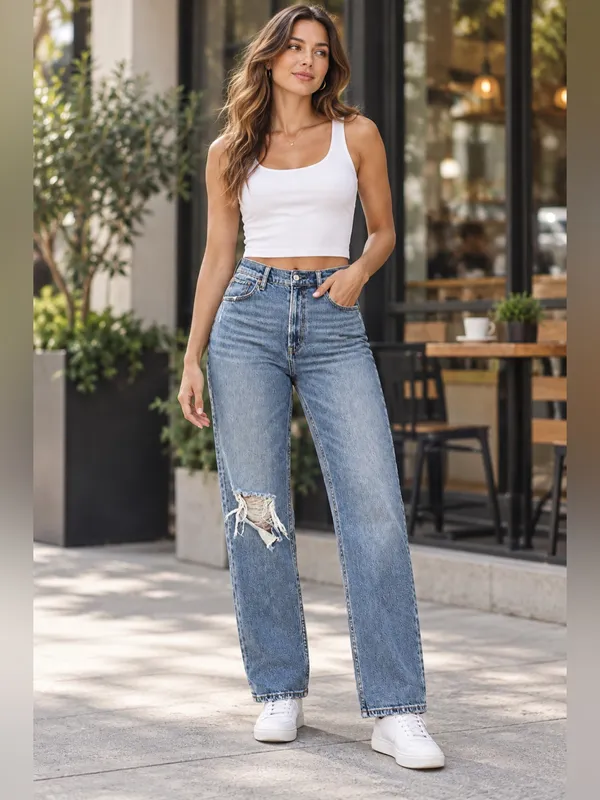 Abercrombie Fitch Ankle Straight Ultra High Rise med wash mild distress jeans 4R - Image 3