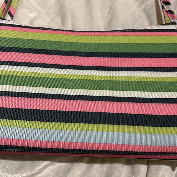 Source Unknown STRIPED MULTICOLORED SHOULDER BAG PINK GREEN BLUE CANVAS LIKE BAG THIN HANDLES - Image 2