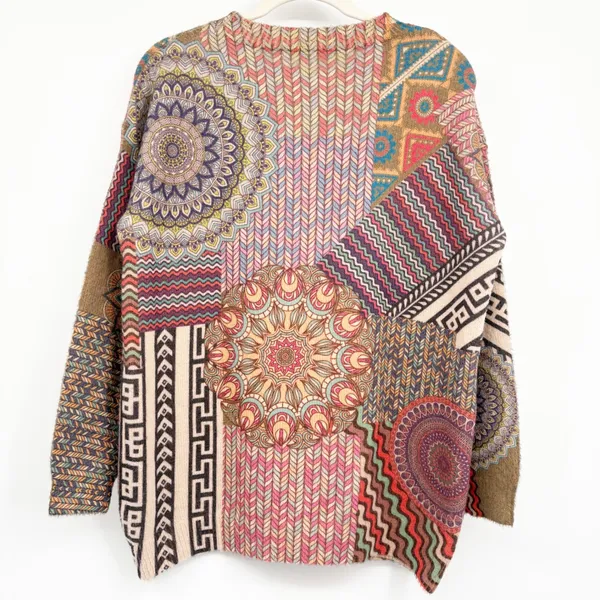 YesNo Womens Patchwork Earthy Mandala Boho Artsy Cotton Wool Knit Sweater Size M - Image 5