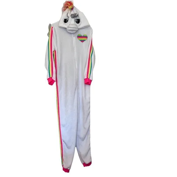 Rainbow Unicorn Fleece‎ One Piece Zip Up Hoodie Pajamas Large Costume Halloween - Image 2