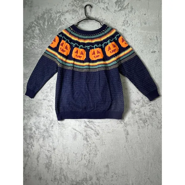 Vintage Navy Fair Isle Pumpkin Sweater Tunic Cottagecore Folk Knit Whimsical Med - Image 3