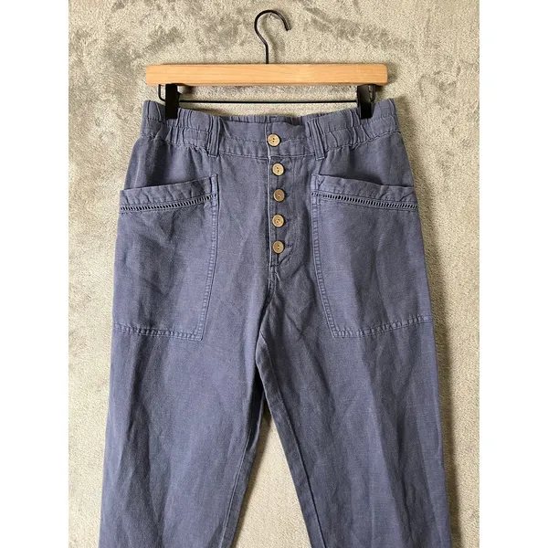 Sundance Linen Blend Button Front Tapered Pants Blue Boho Cottagecore Size 6 New - Image 2