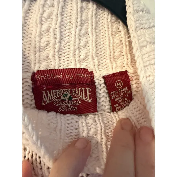 Vintage‎ American Eagle Hand Knit Floral Cable Knit Sweater Cream Medium - Image 4