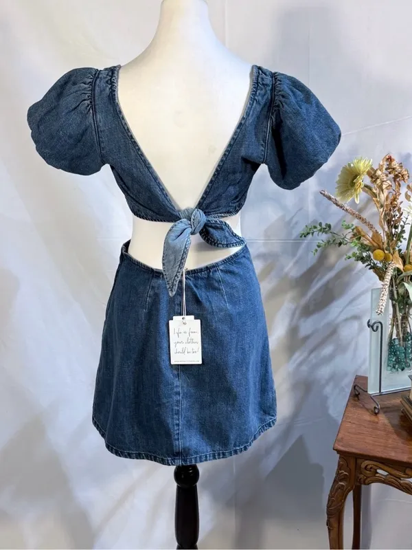 💥NWT Show Me Your Mumu City Cut Out Denim Mini Dress Deep End Size Small🧡 - Image 4