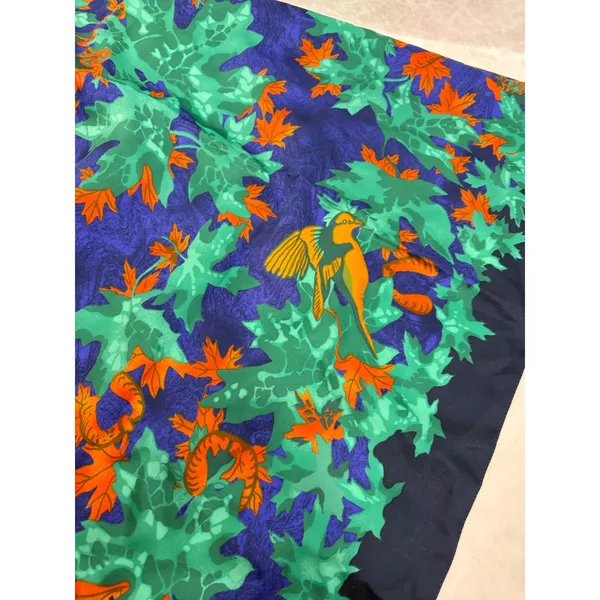 Magenta Vintage Square Scarf Made in Italy Navy Blue Green Leaf Bird Print - Image 3