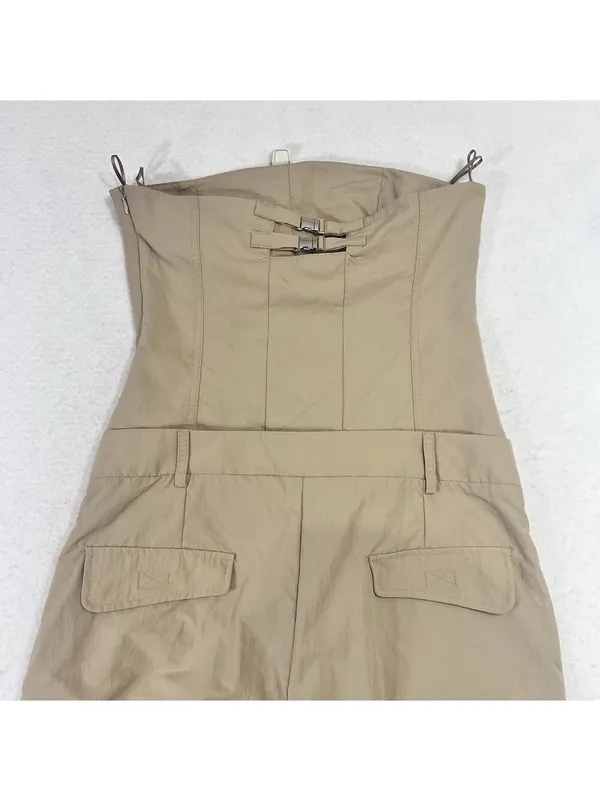 Zara Strapless Jumpsuit Off The Shoulder Wide Leg Khaki Size S Blogger Fav New - Image 6