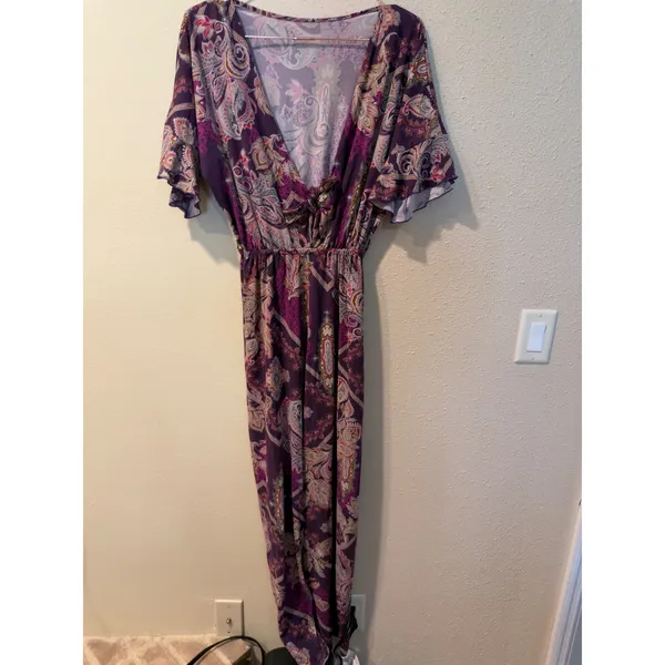 Pia Colors Womens Jumpsuit S Purple Paisley V-Neck Flutter Sleeve Wide Leg - Image 2
