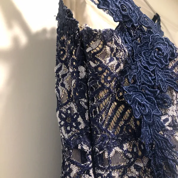 Foxiedox Anthropologie daleyza Lace‎ Square Neck Midi dress Navy Blue Size small - Image 4