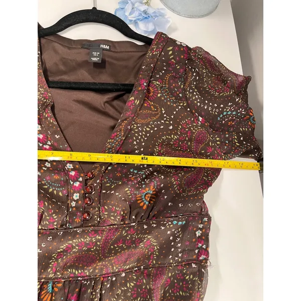 H&M Brown Paisley Floral Print Sheer‎ Flutter Sleeve Midi Dress Women US 6 - Image 8