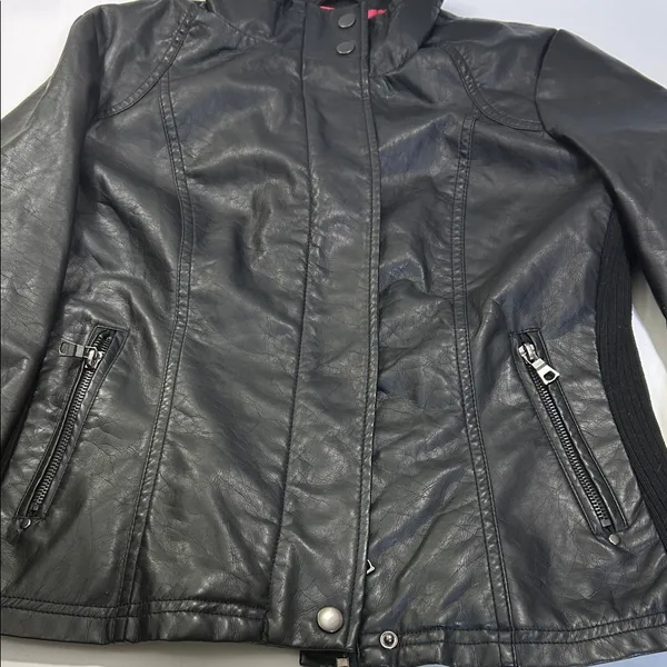 Black Faux Leather Jacket with Pink Lining Size L - Image 13