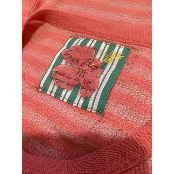 Free People Womens Coral Pink Striped Waffle Knit Thermal Long Sleeve Top M - Image 4