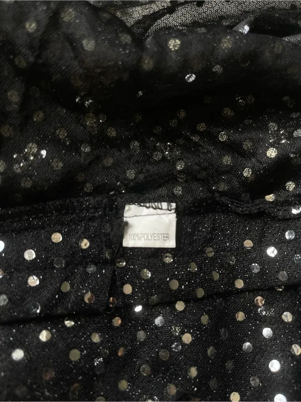 Black Sheer Polka Dot Fringe A-Line Skirt with Coin Trim - Image 3