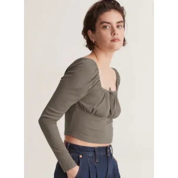 Madewell Ribbed Square Neck Keyhole Tie‎ Long Slv Crop Top Medium Brown Hipster - Image 2