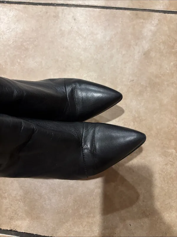 Zara Pointed Toe Black Leather Heeled Booties - Image 3