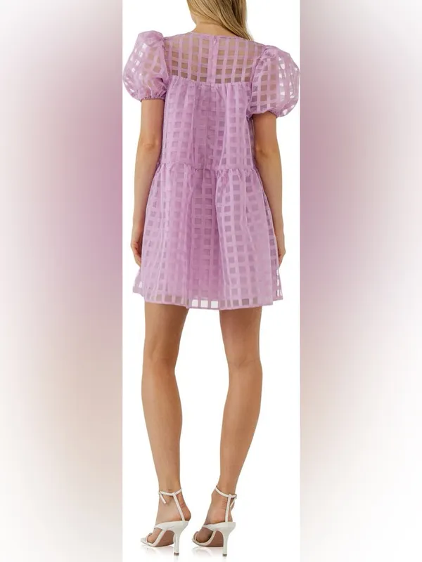 English factory Gridded Puff Sleeve Dress in lilac size small - Image 2