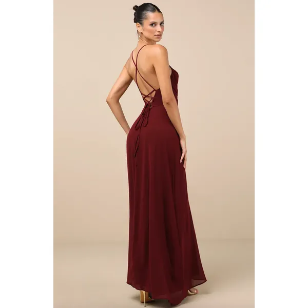 Lulus Event Ready Burgundy Backless Lace-Up Maxi Dress Chiffon Formal Medium NWT - Image 4