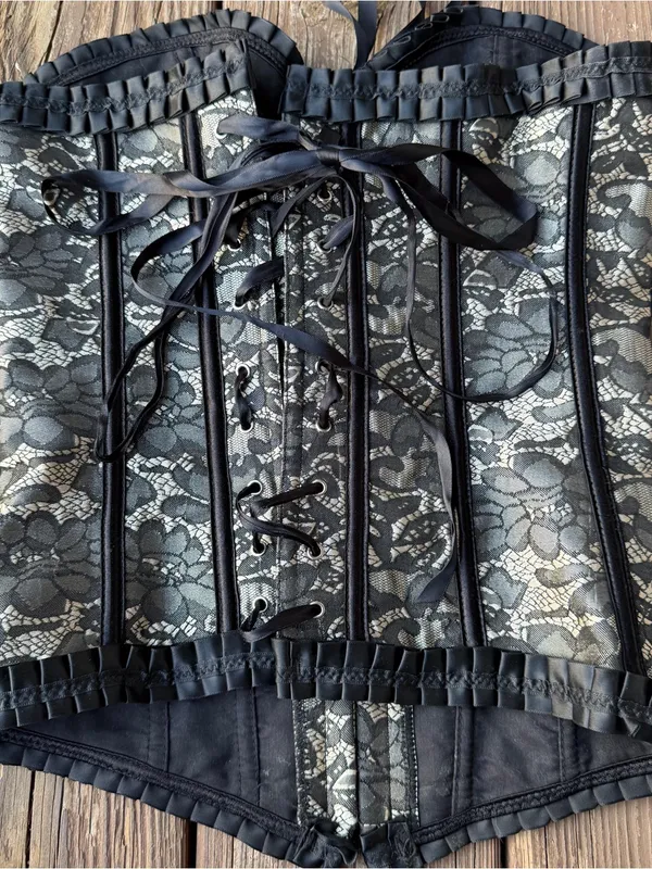 Black Lace Overbust Corset with Cream Underlay - Image 2