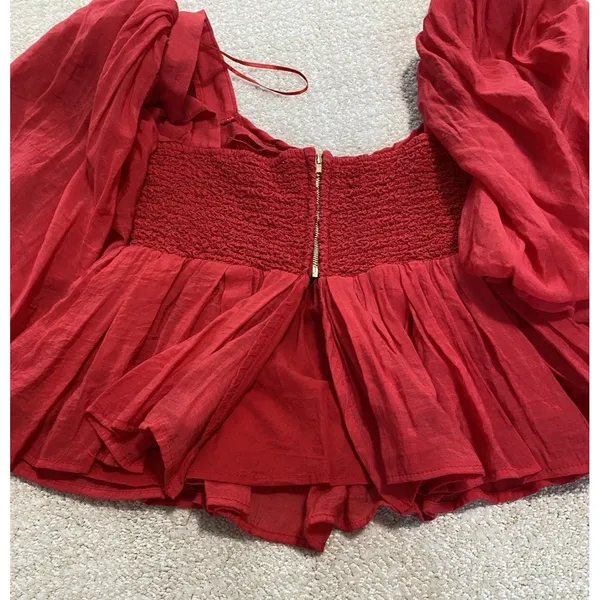 Sofie the label Red Puff Sleeve Smocked Ruffle Cropped Top Square Neck Size S - Image 13