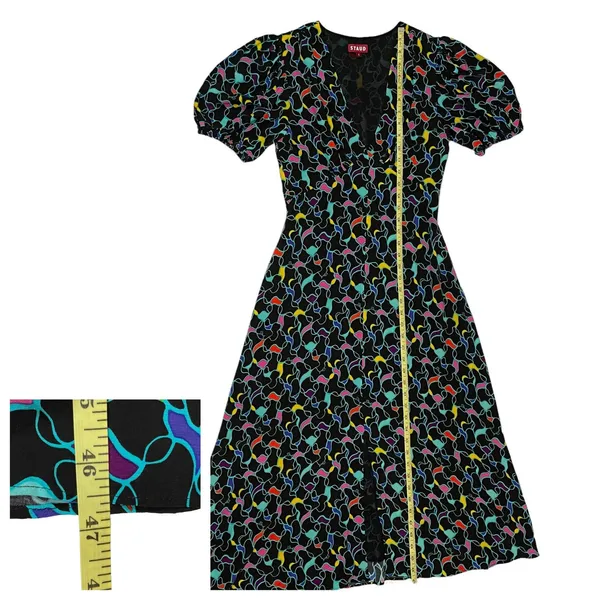 STAUD Milla Puff-Sleeve Midi-Dress - Black Abstract Wave - 4 - Image 5