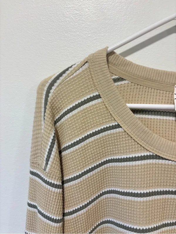 Offline By Aerie Yellow Green White Striped Waffle Knit Long Sleeve Scoop Neck - Image 4