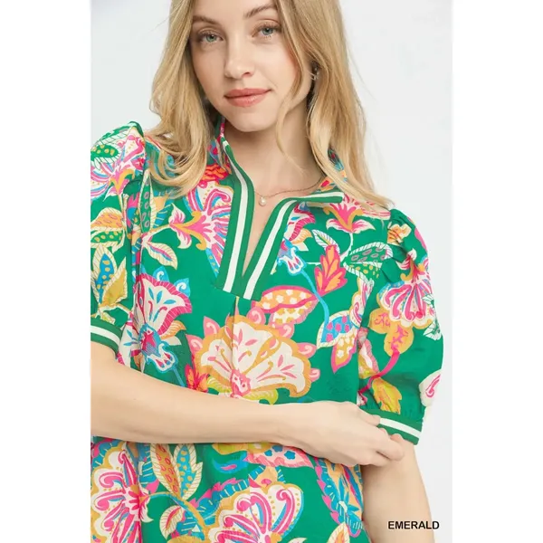 Umgee Jacquard Paisley Print Puff Sleeve Tunic Dress - Emerald Mix - Small - Image 5