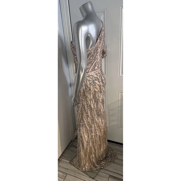 MAC DUGGAL 4982 EMBELLISHED ONE SLEEVE W/ SEQUIN BELT ROSE GOLD GOWN sz 8 - Image 10