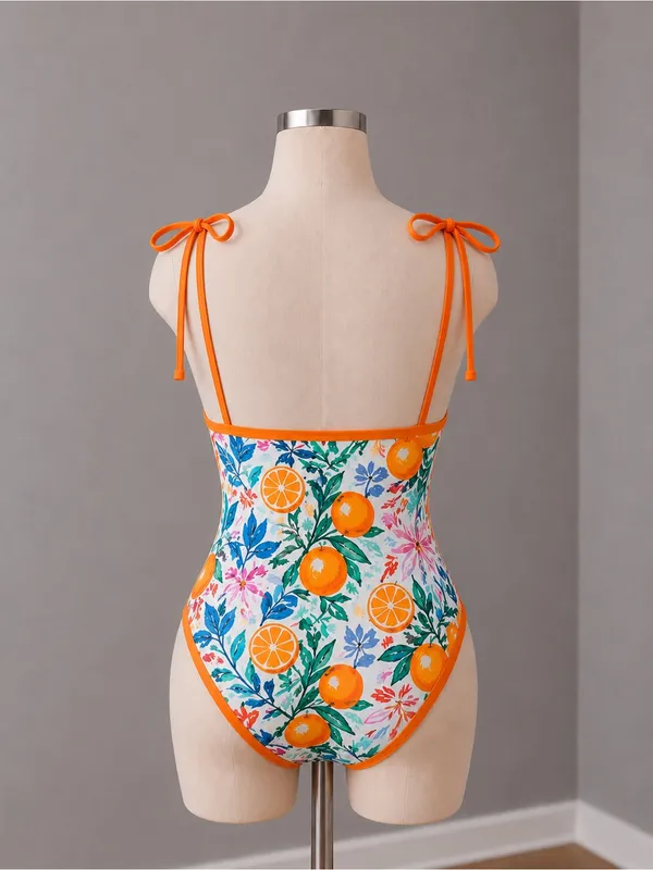 #S49 Women's Orange Trim Citrus Print One-Piece Swimsuit - SMALL - Image 4