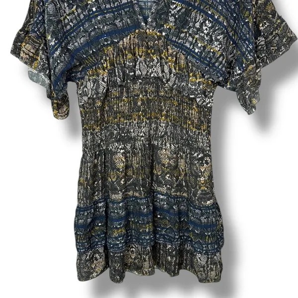 IRO‎ Dress 36 Tulsa Printed Silk Tiered Mini Snake Print Smocked Ruffle Green - Image 5