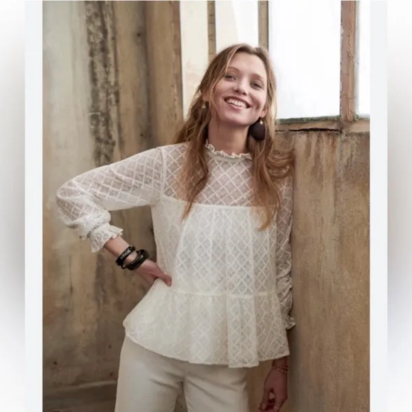 Sézane White Lace Peplum Long-Sleeve Top Lace Size 36 - Image 10