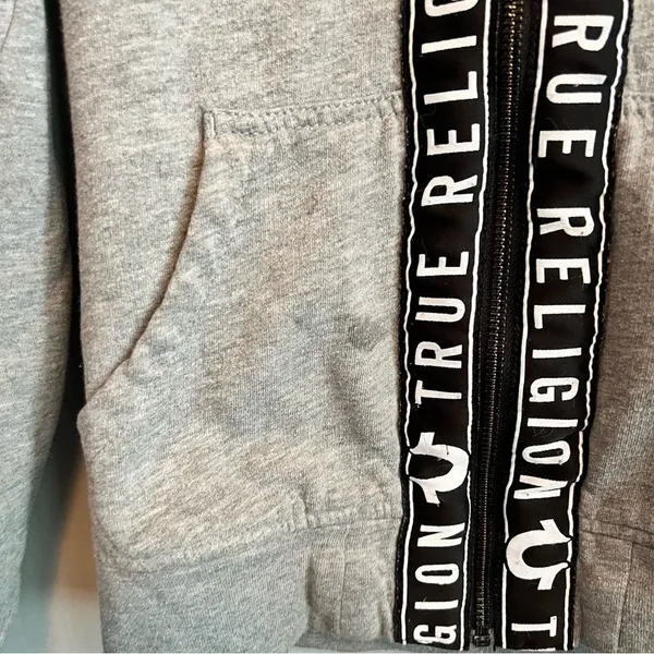 True Religion Logo Tape Zip Up Hoodie Gray Y2K Streetwear Sweatshirt Size Small - Image 5