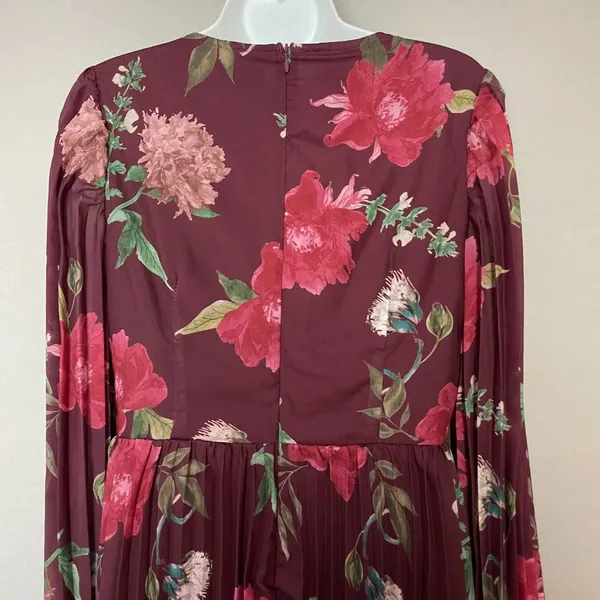 Lulus Win The Day Dress Burgundy Floral‎ Print Pleated Long Sleeve Mini V-Neck - Image 7