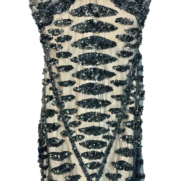NWT Mandalay Black Silk Beaded Sequin Short Midi Evening Formal Dress Womens 4 - Image 4