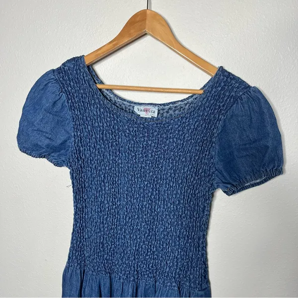 Vintage 90s Smocked Puff Sleeve Drop Waist Pleated Denim Maxi Dress - Image 3