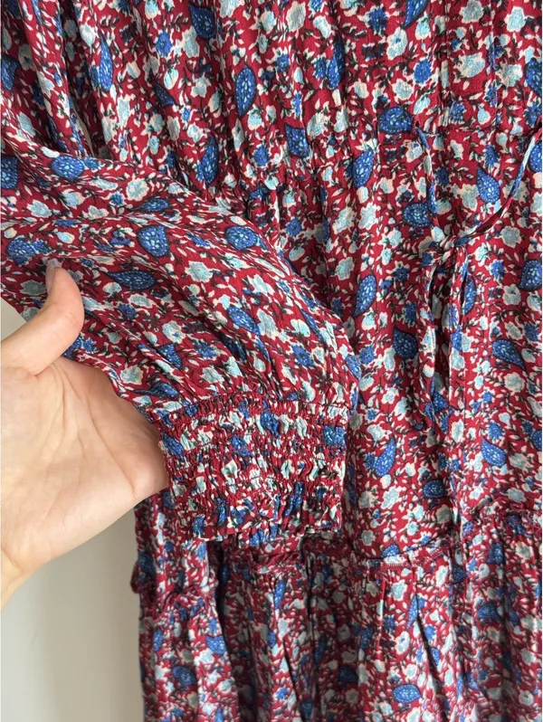 Lucky Brand Floral Mini Dress Burgundy Blue Boho Long Sleeve Size M - Image 4