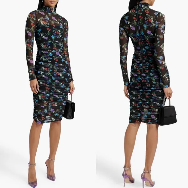 Alice + Olivia Delora Floral Black Mesh Ruched Turtleneck Dress Size 4 Romantic‎ - Image 12