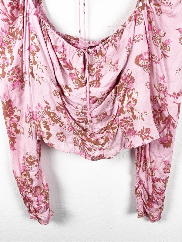 FREE PEOPLE Hilary Pink Floral Tie Closures Ruched Front Puff Sleeves Top Small - Image 13