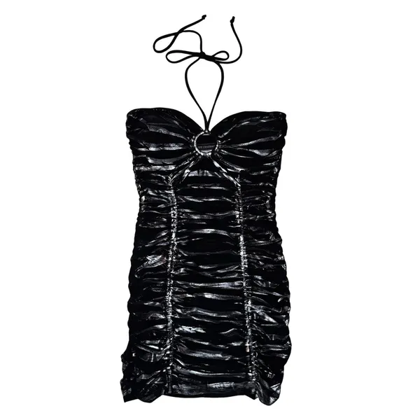 Body Central Vintage Y2K S Little Black Halter Dress Ruched Mini Going Out Cocktail USA‎ Made - Image 3