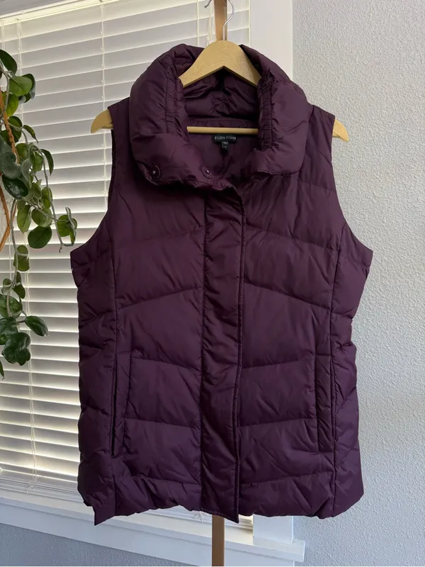 Eileen Fisher Down Puffer Vest High Collar in Plum Size Medium - Image 2