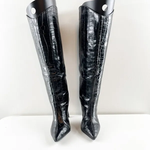 Schutz Maryana Knee High Croc Embossed Stiletto Heel Boots Black 6 - Image 9