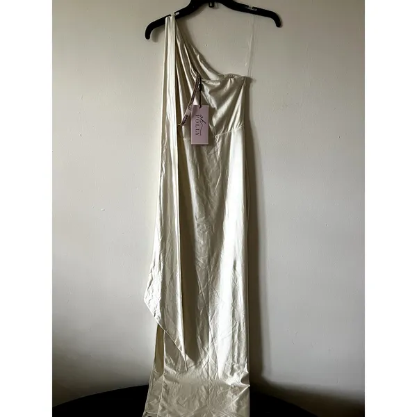 Oh Polly Sheril Asymmetric Scarf-Detail Maxi Dress in Ivory Size 4 New - Image 9