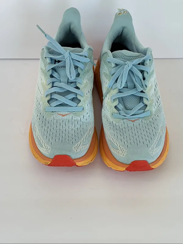 Hoka Clifton 8 Women's Mint Blue Running Shoes with Orange Midsole - Image 3