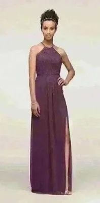 NWT David's Bridal F19608 Plum Long Lace Mesh High Neck Sz 2 - Image 2