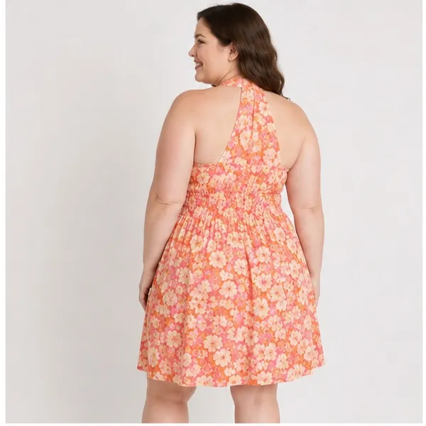 Madden NYC Womens Plus 3X Tropical Floral Halter Mini Smocked Dress Pink Orange - Image 4