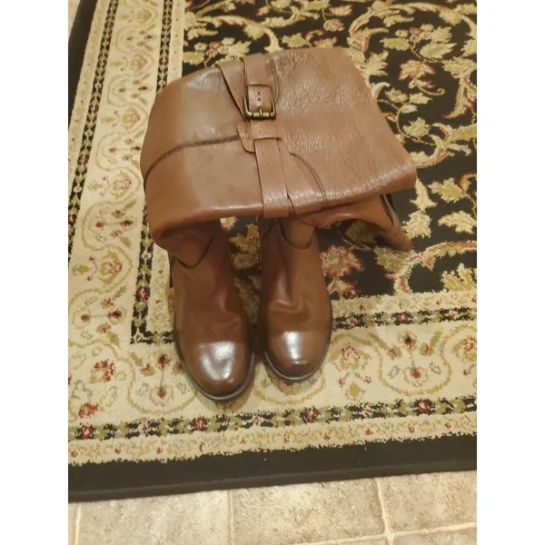 CLARKS Riding Boots Knee High Brown Leather Chunk Heels Buckle Details Size 6.5M - Image 4
