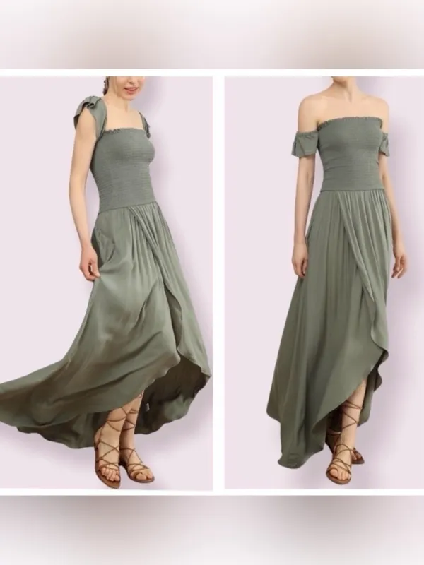 Young Fabulous & Broke Frida Green Smocked Off The Shoulder Maxi Dress Size M - Image 2